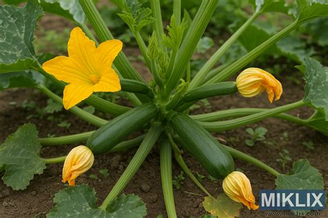 Plant de courgette avec fleurs et jeunes fruits