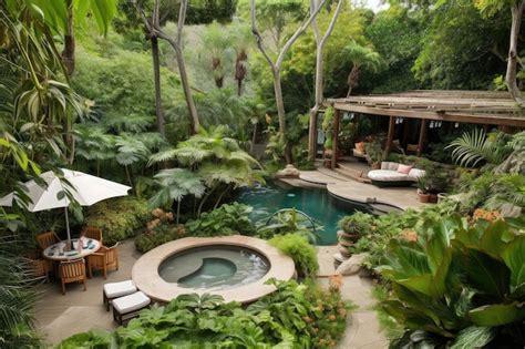 Piscine avec végétation luxuriante