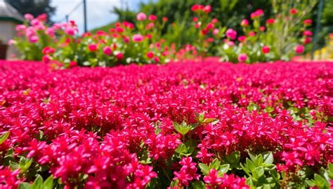 Plan rapproché d'un tapis de thym serpolet rouge en pleine floraison dans une rocaille ensoleillée