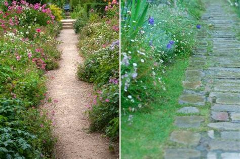 Exemple d'une allée de jardin bordée de paillis coloré avec des plantes en fleurs