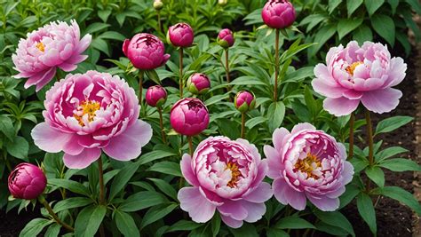 Pivoines en fleur dans un jardin ensoleillé