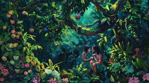 Illustration du Jardin d'Éden avec Adam et Ève
