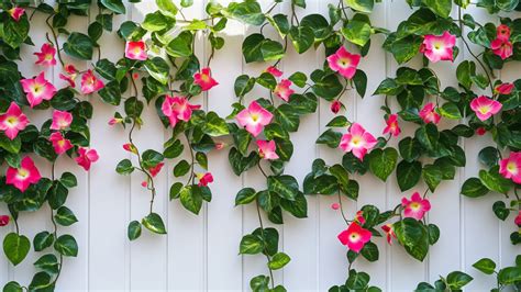 Dipladenia grimpant sur un mur ensoleillé avec des fleurs rouges et blanches