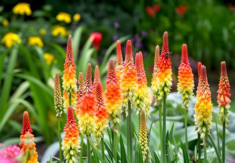 Massif de fleurs de Kniphofia illustrant le dégradé de couleurs du rouge à l'orange