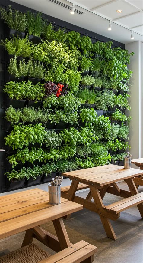 Mur végétal avec diverses plantes comestibles et aromatiques