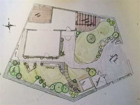 Un plan géométrique de jardin, avec des tracés et des mesures