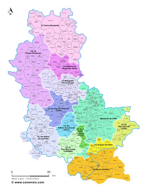 Carte géographique de la commune de Pommiers dans le Rhône