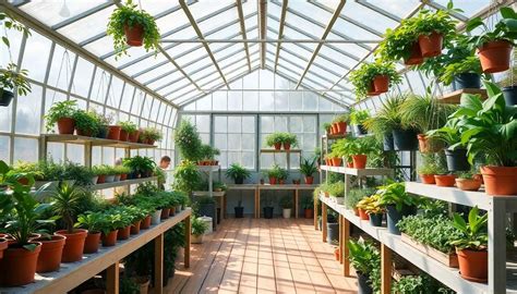 Intérieur d'une serre de jardinage, remplie de jeunes plants dans des pots et des bacs
