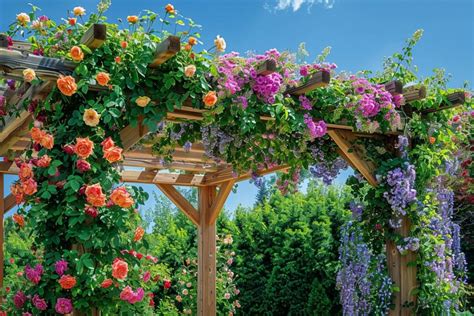 Un rosier grimpant en fleurs sur une pergola en bois