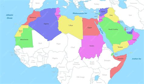 Carte du monde arabe, avec des zones de conflit ou de crise mises en évidence par des symboles de tempête ou de vent