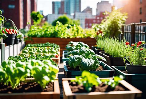 Vue d'un petit potager urbain avec diverses plantes aromatiques et légumes
