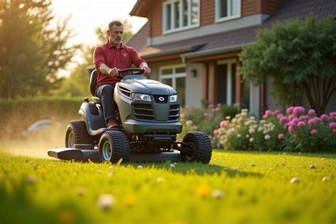 Tondeuse autoportée en action dans un grand jardin
