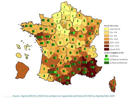 Carte de France des surfaces en agriculture biologique par région