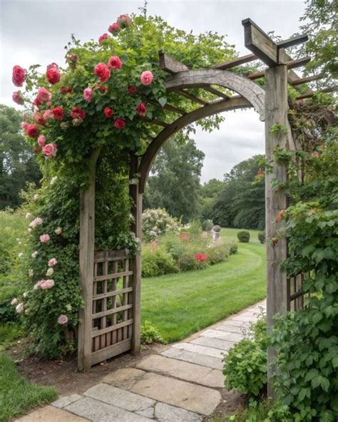 Arche en bois ornée de roses grimpantes