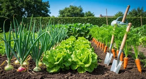 Potager avec des rangs de carottes, d'oignons et de poireaux