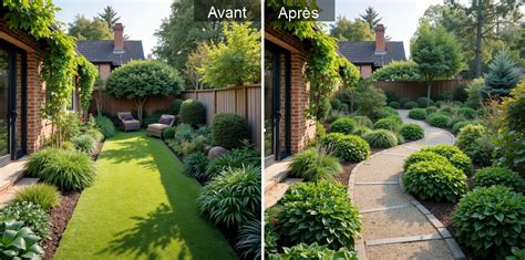 Illustration d'un jardin en longueur avec une allée courbe et des zones distinctes