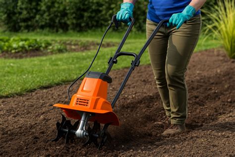 Une motobineuse électrique en action dans un potager familial bien entretenu