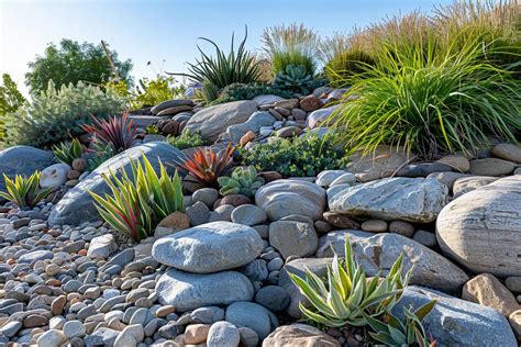Rocaille avec des plantes grasses et un sol caillouteux