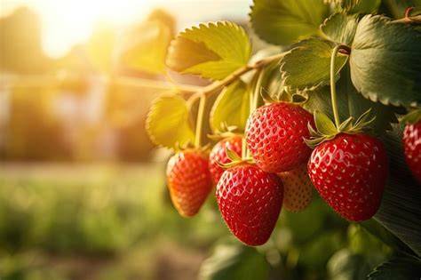 Champ de fraises mûres au soleil