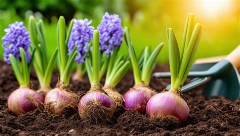 Comptoir de fleuriste avec des bulbes de jacinthes, muscaris et jonquilles en godets