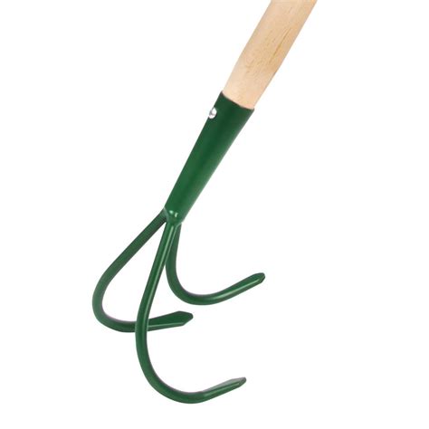 Schéma anatomique d'une griffe de jardin classique montrant le manche, la douille et les dents recourbées à 90 degrés