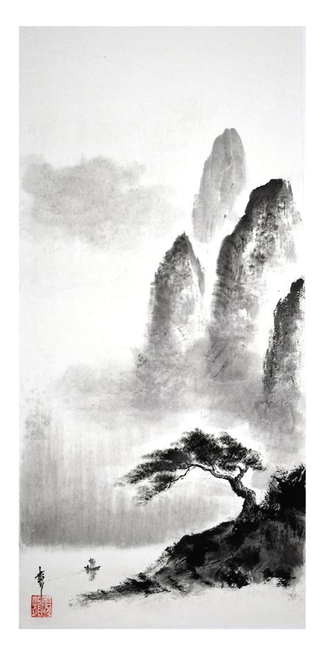 Peinture d'un bonsaï au sumi-e