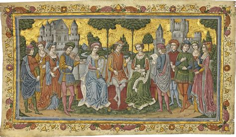 Manuscript médiéval illustrant un couple d'amants dans une forêt