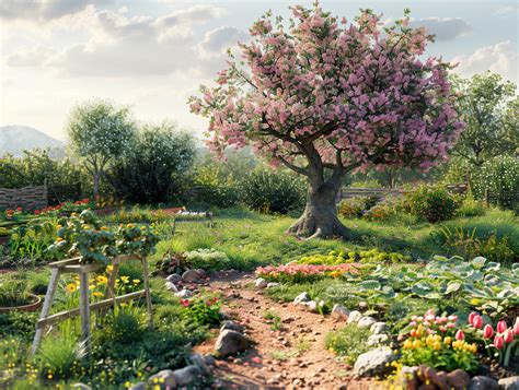 Jardin paysager avec mélange d'arbres fruitiers et de plantes ornementales