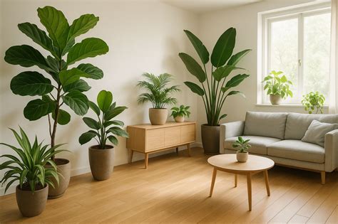 Installation de plantes dans un salon lumineux