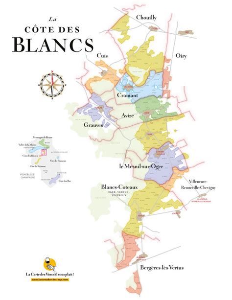 Une carte des régions viticoles de Champagne, avec un focus sur la Montagne de Reims et la Côte des Blancs