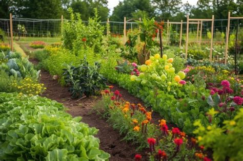 Vue d'un jardin potager diversifié avec des légumes, des fruits et des fleurs