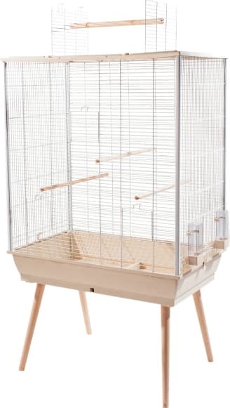 Schéma illustrant l'aménagement intérieur d'une cage pour grande perruche avec zones de perchoirs et fond de cage