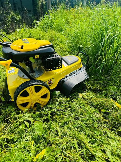 débroussailleuse à roues autotractée en action sur terrain accidenté