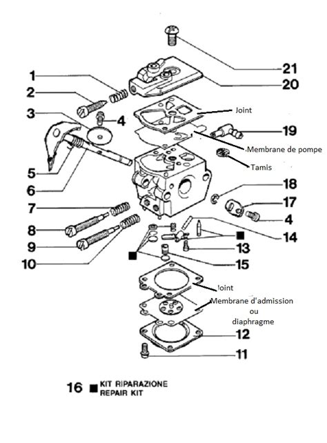 Schéma technique d'un carburateur à membrane pour petit moteur 2 temps