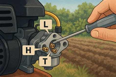 Illustration montrant l'emplacement des vis de richesse sur un carburateur Robin