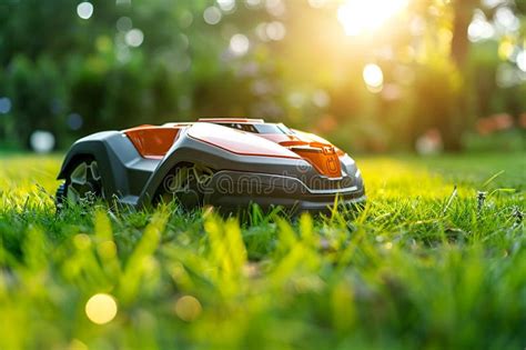 Illustration stylisée d'un jardin avec une tondeuse à gazon moderne et un tracteur en arrière-plan