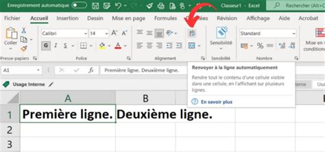 Exemple de cellule avec retour à la ligne activé pour un texte long.