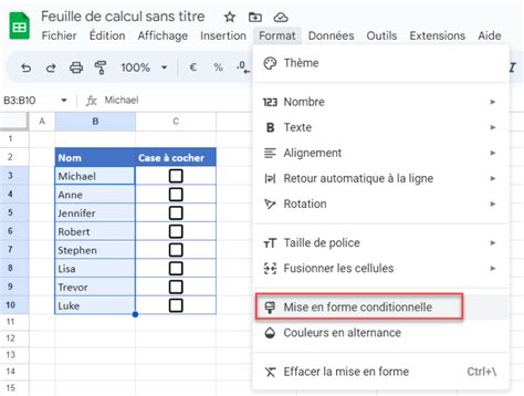 Exemple de formatage conditionnel dans Google Sheets, mettant en évidence les valeurs élevées en vert.