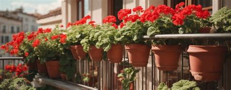 Géraniums en pot sur un balcon ensoleillé