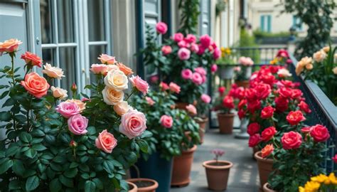Rosier nain en pot sur un balcon