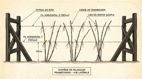 schéma d'un système de palissage pour framboisiers