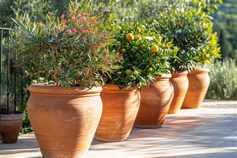 Aménagement d'une terrasse végétalisée avec des pots en terre cuite