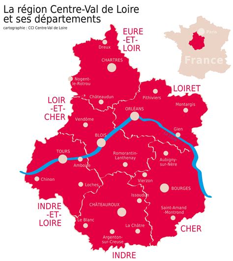 Carte géographique de la région Centre-Val de Loire mettant en évidence le fleuve Loire