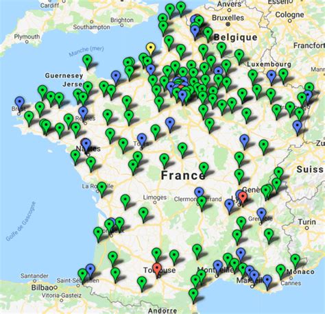 Carte de France avec des points indiquant des magasins de loisirs créatifs