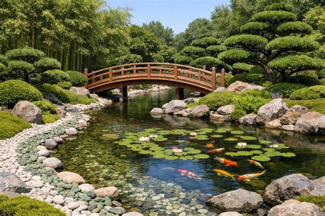 Un jardin zen avec des spécimens de bonsaïs soigneusement taillés et un bassin de carpes koï