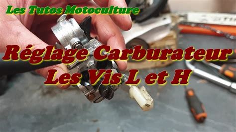 Illustration montrant les vis de réglage H, L et la vis de ralenti sur un carburateur typique