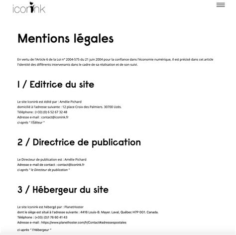 Mentions légales sur un site web