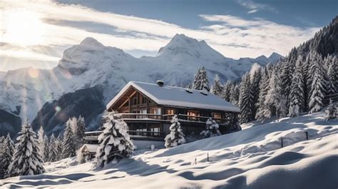 Chalet enneigé avec vue sur les montagnes