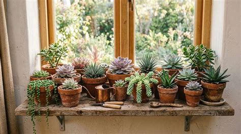 Collection de diverses succulentes en pot sur une étagère en bois