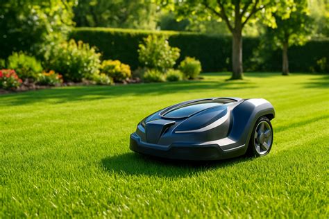 Robot tondeuse en action sur une pelouse verte
